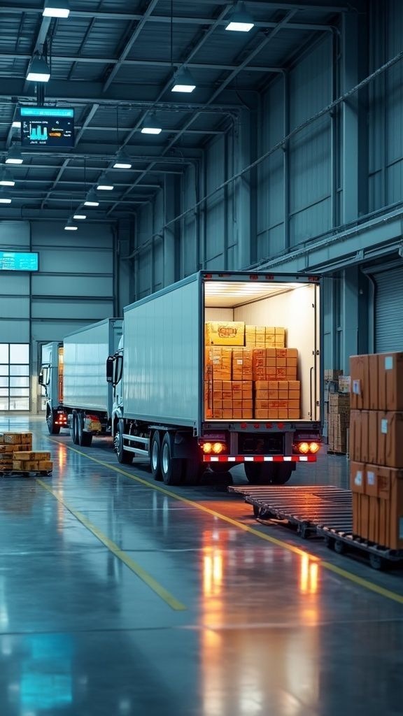 Delivery trucks loaded inside a modern distribution warehouse