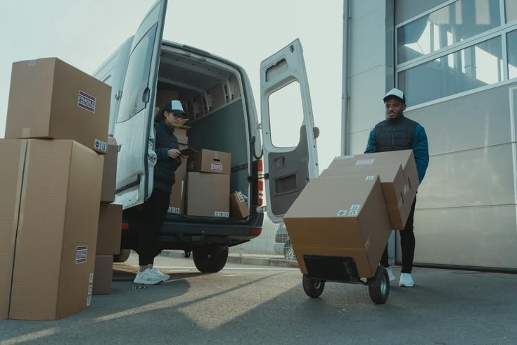 Delivery team unloading parcels from a van