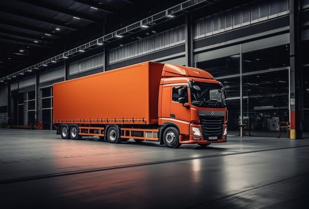 Orange freight truck inside a modern logistics warehouse